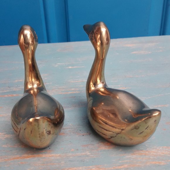 Brass Ducks Geese Set of 2 Vintage Figurine Birds Animals MCM Mid Century Gold - Picture 8 of 16